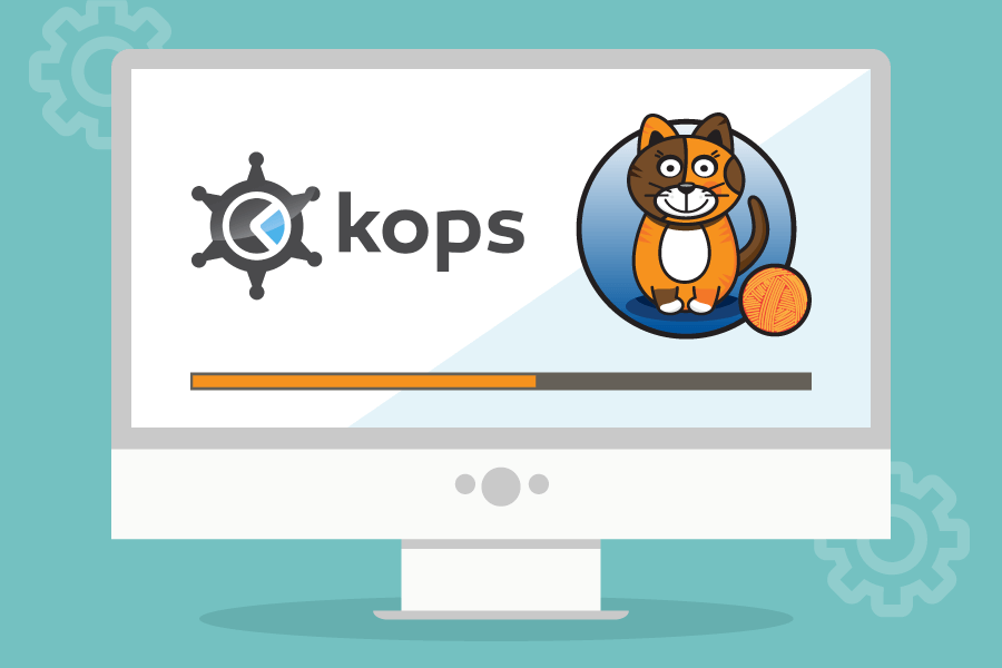 A monitor displays the kops logo, a progress bar, and a cartoon cat.