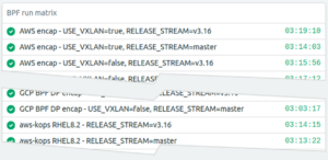 Screenshot of a Calico BPF run matrix showing successful test results for various configurations