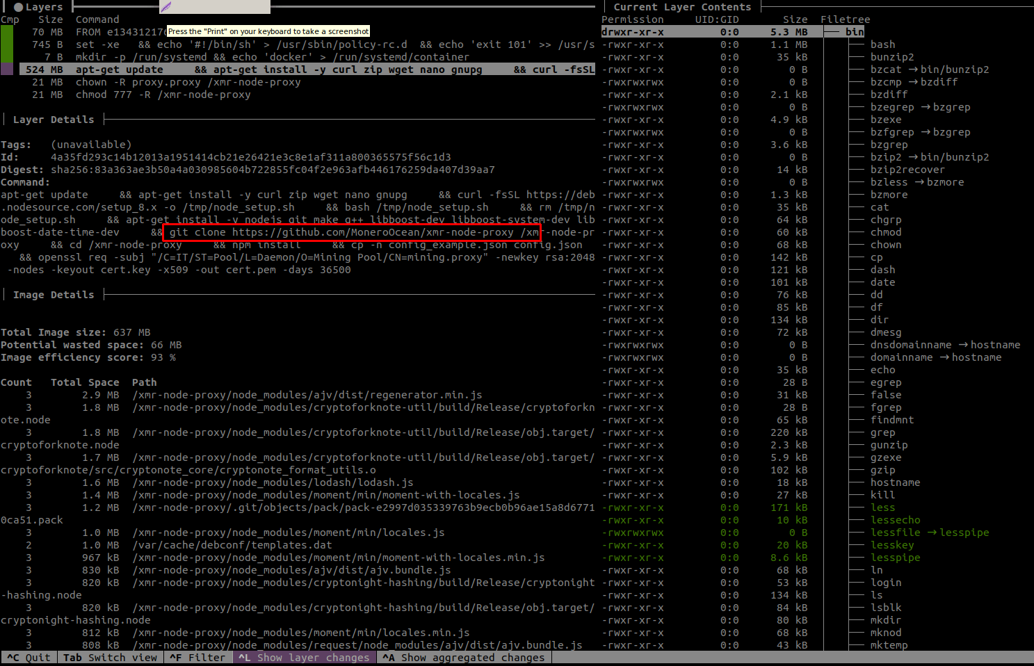 Terminal output showing a Docker image's layers, including a 'git clone' command from a suspicious MoneroOcean repository