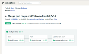 Screenshot of a Semaphore CI pipeline for the 'dash' project, showing passed build, push, and update steps