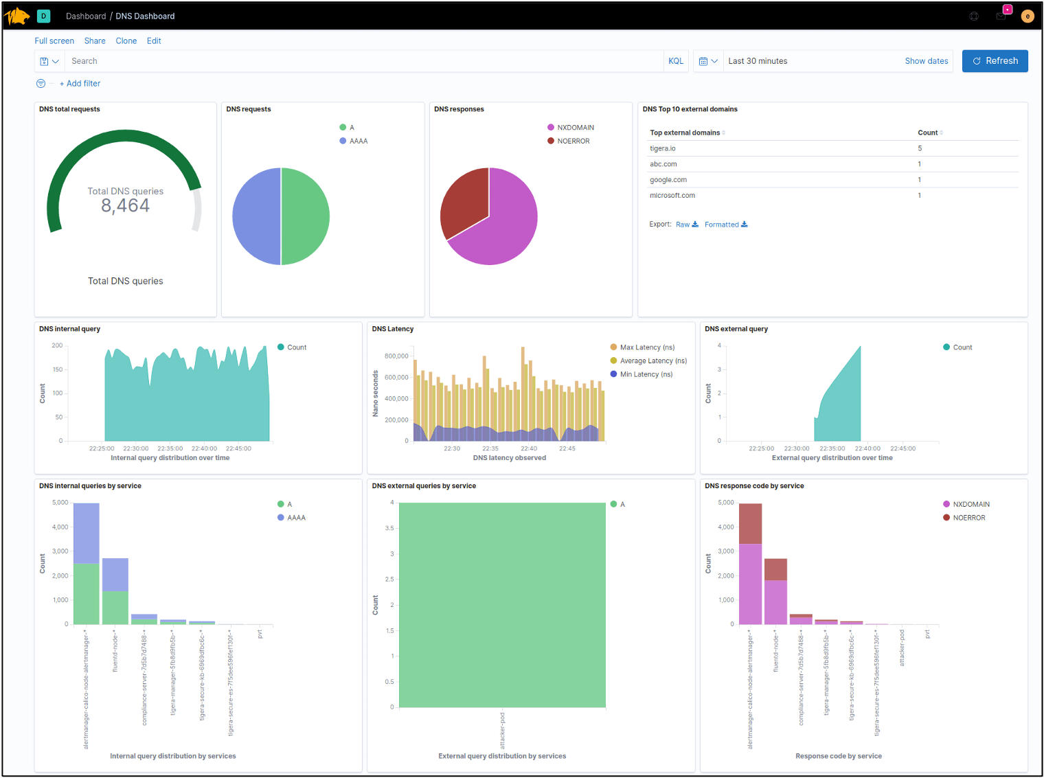 DNS dashboard showing lack of Kubernetes context: queries, latency, and response codes by service are visible, but lack