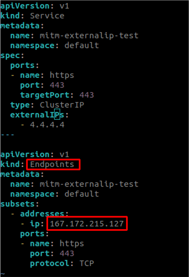 Kubernetes Service and Endpoints YAML showing externalIPs and an IP address, illustrating selectorless service
