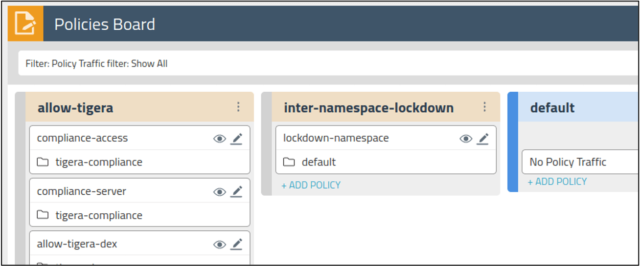 Calico Enterprise's Policies Board showing hierarchical network policies: allow-tigera, inter-namespace-lockdown, and default