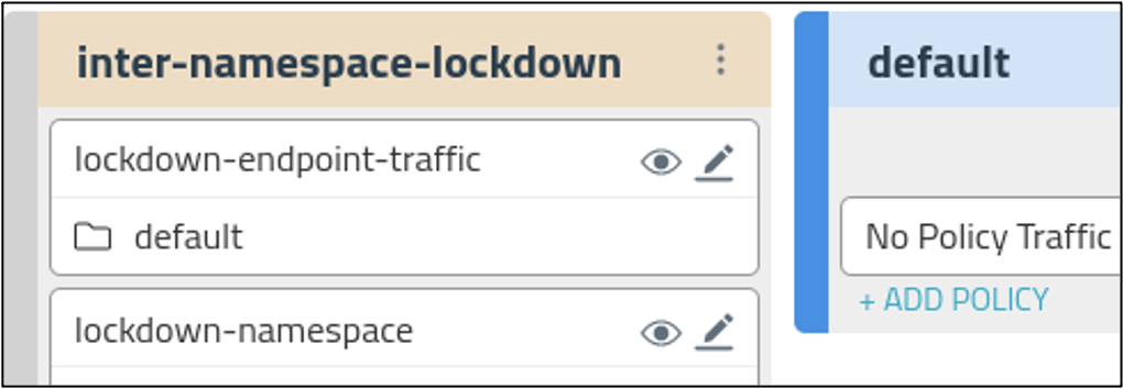 Calico Cloud UI showing 'inter-namespace-lockdown' tier, with endpoint traffic lockdown and namespace lockdown policies.