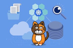 Kubernetes cluster with data sources, a cat, and a magnifying glass, illustrating microservice debugging