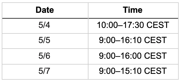 Table showing booth hours (CEST) from May 4th to May 7th for live demos, chats, and more