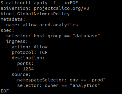 Calico GlobalNetworkPolicy YAML config showing host-group selection, enabling host isolation