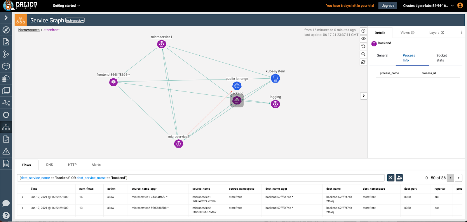Dynamic Service Graph showing connections between services, including 'backend', with detailed process info
