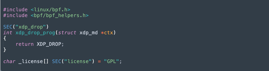 C code snippet showing the xdp_drop_prog function, which returns XDP_DROP, effectively dropping all data packets