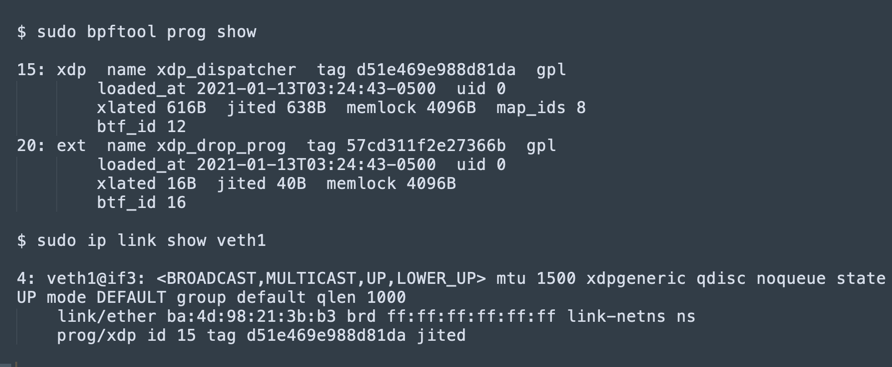 Terminal output showing BPF programs and activity on the virtual ethernet interface veth1. `bpftool prog show` and `ip link