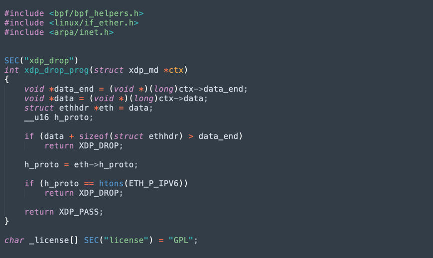 Code snippet of an XDP program. It analyzes network traffic and drops IPv6 packets. Key functions and structures are visible
