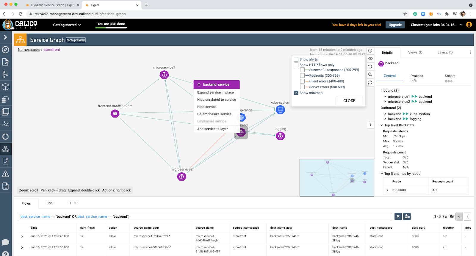 Interactive service graph uses layers to filter and highlight relevant services, enabling customized views and collaboration