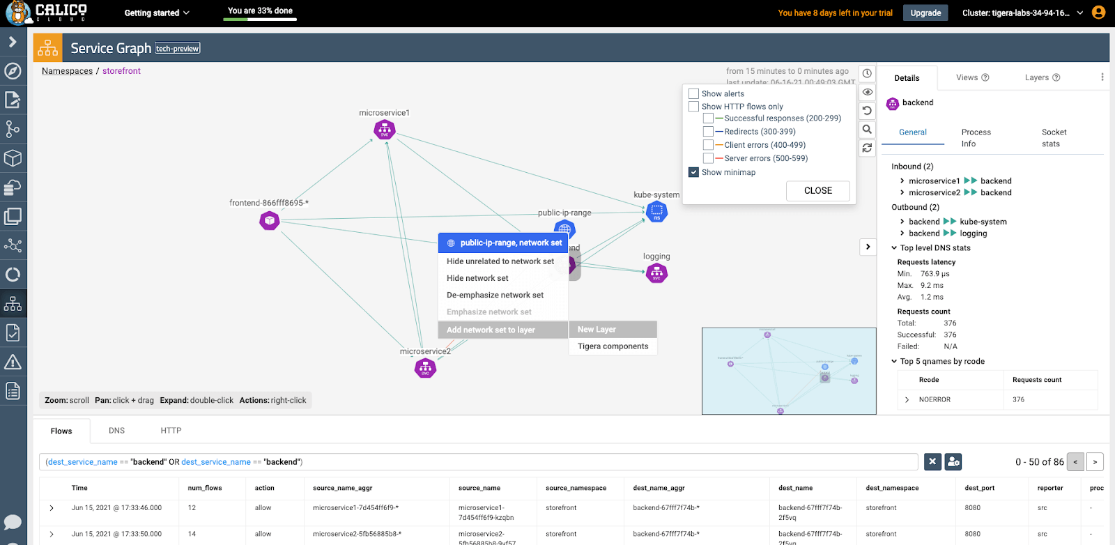 Interactive service graph: zoom, pan using minimap, filter by right-clicking namespaces/network sets to layer them