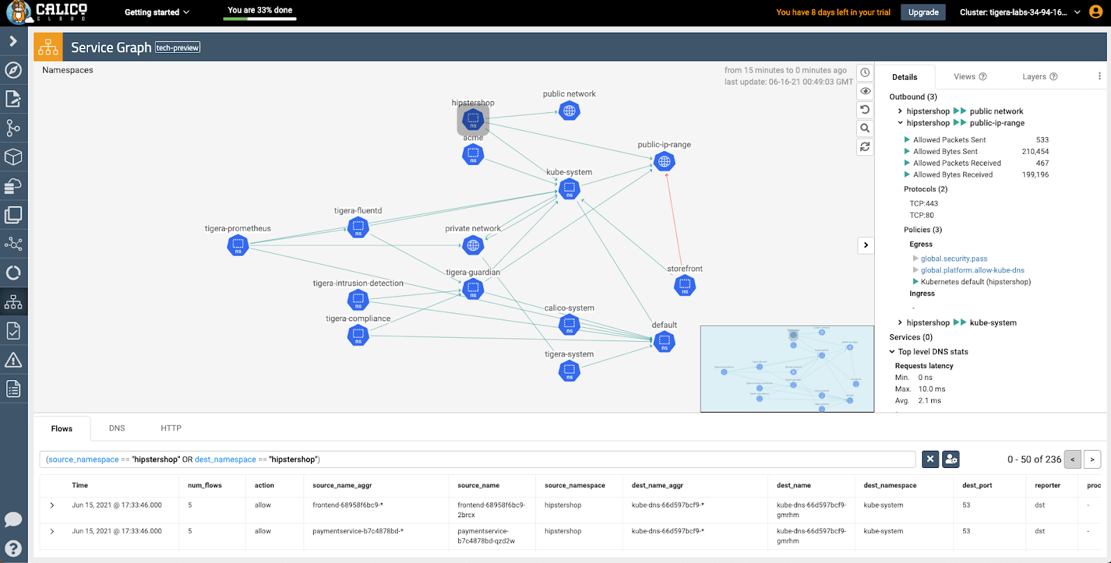 Network graph visualizing live flow data, including protocol, port, and security policies. Hovering over links reveals