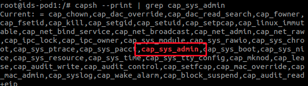 Screenshot of terminal output showing CAP_SYS_ADMIN capability enabled within a Kubernetes pod, highlighting privilege
