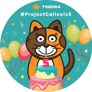 Calico cat cartoon with a birthday cake and the number 5, celebrating #ProjectCalicois5. Tigera logo at the top