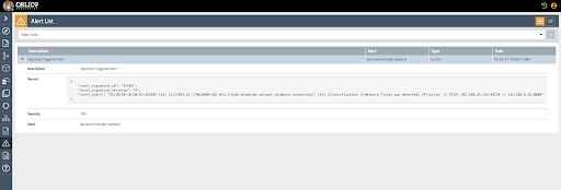 Screenshot of the Calico Manager UI Alerts page, showing a 'Signature Triggered Alert' with Snort signature details