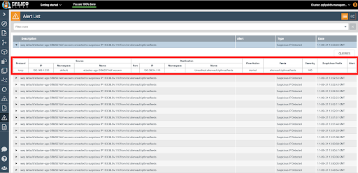 Screenshot of an alert list in the UI, showing details of suspicious IP communication, including involved pods