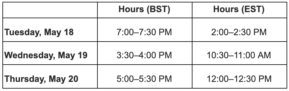 Table showing our team's live chat hours in BST and EST, May 18-20