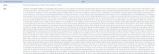 Screenshot shows a list of IP addresses labeled 'Stats' used by the 'intrusion-detection-controller' to block network traffic