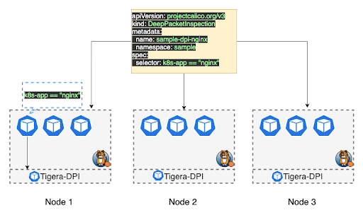 DPI resource creates a daemonset. DPI pods are deployed on each node. Snort monitors workload endpoints matching the selector
