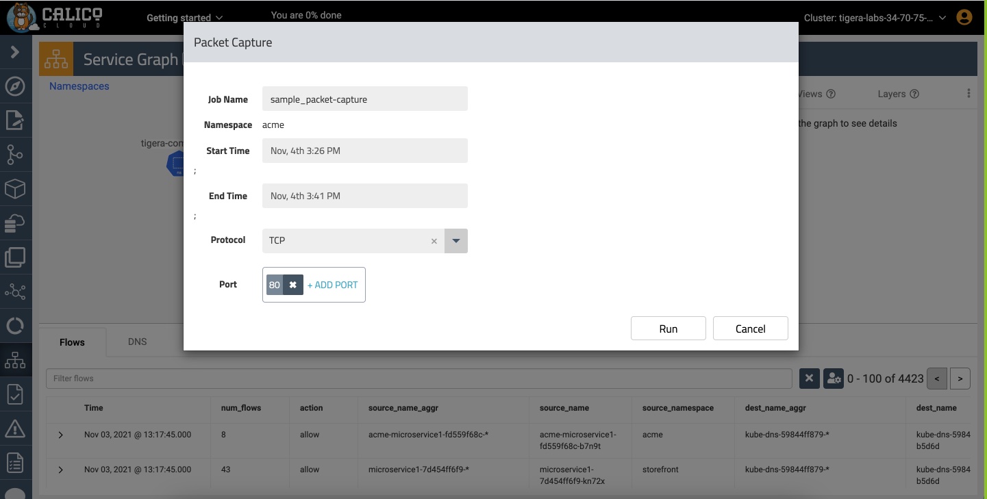 The Packet Capture form with fields for job name, namespace, start and end time, protocol, and port. Run and Cancel buttons