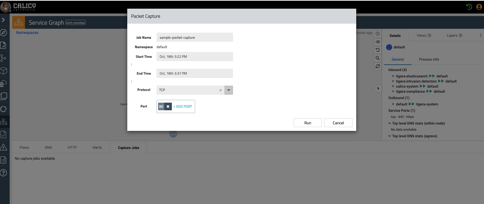 Screenshot of packet capture settings: job name, default namespace, start/end times, TCP protocol, port 80