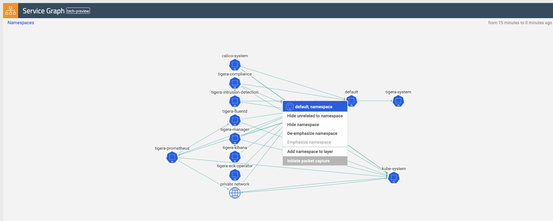 Service graph showing right-click menu on a namespace with 'Initiate packet capture' highlighted