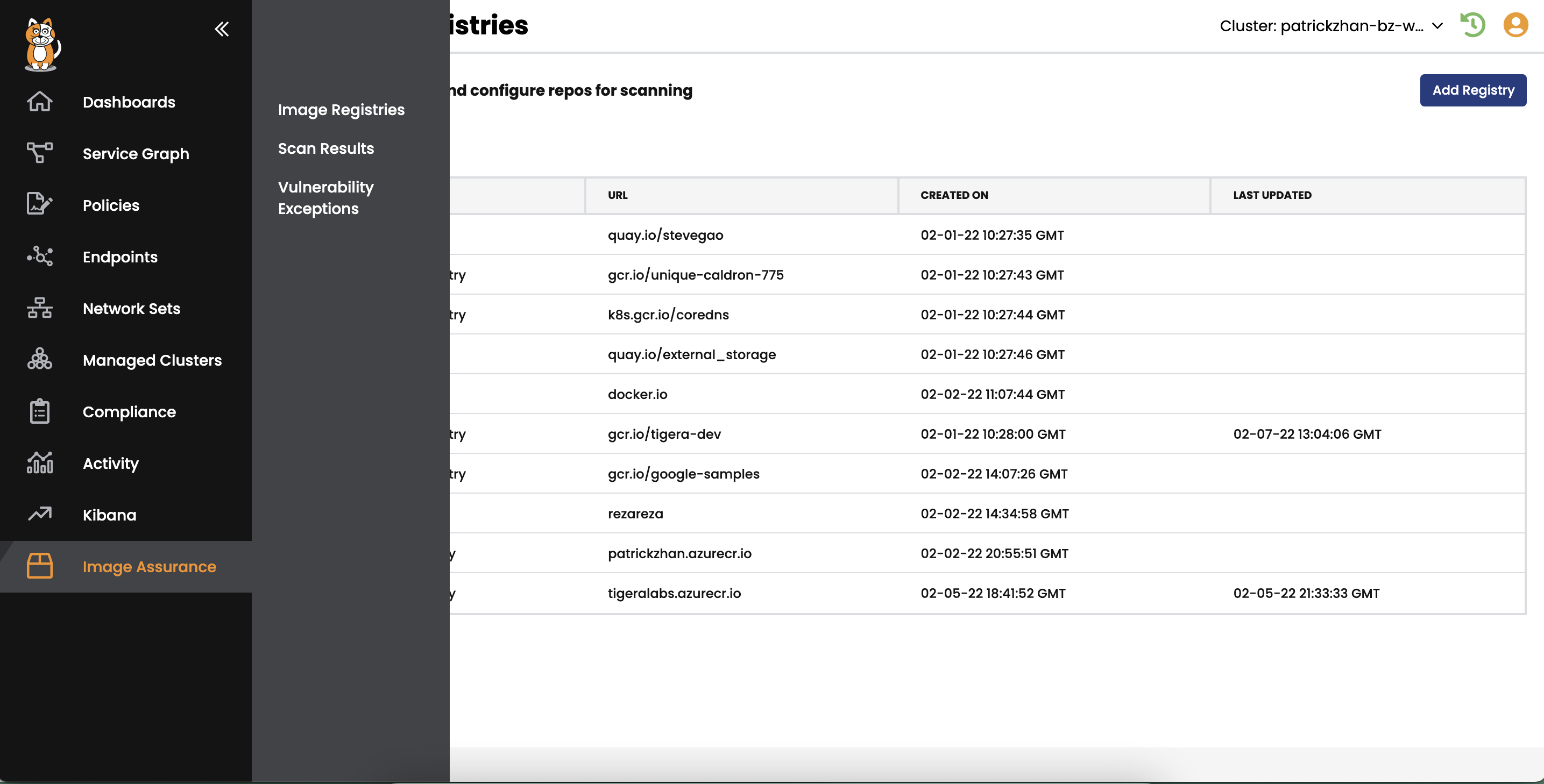 Calico Cloud's image assurance feature listing image registries, showing control over which images are deployed