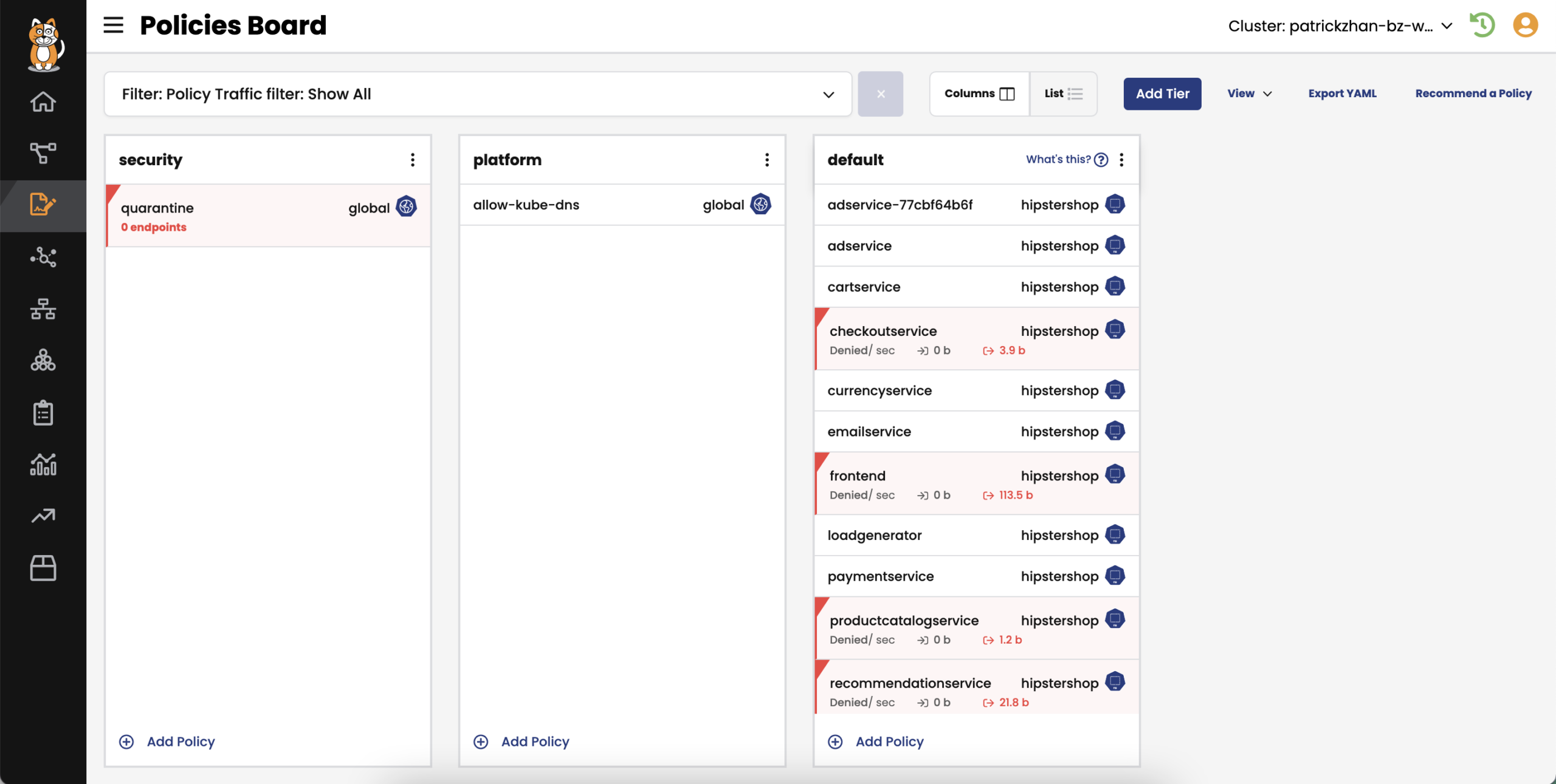 Calico Cloud's Policies Board shows workload access controls. Policies are grouped by security, platform, and default,