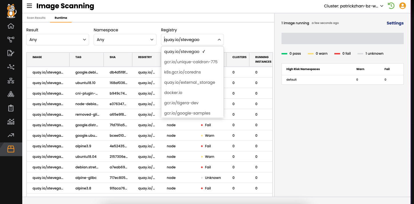 Calico Cloud's security policy recommender scans images, showing pass/warn/fail status, for robust multi-cloud security