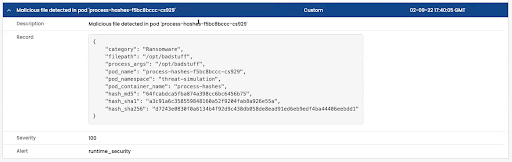 Screenshot of Calico Cloud detecting a malicious file, showing details like category, filepath, and file hashes