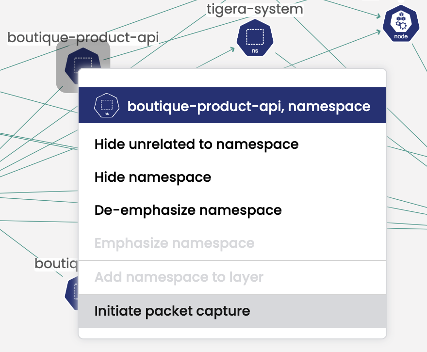 Screenshot showing menu option "Initiate packet capture" within a network visualization; learn more