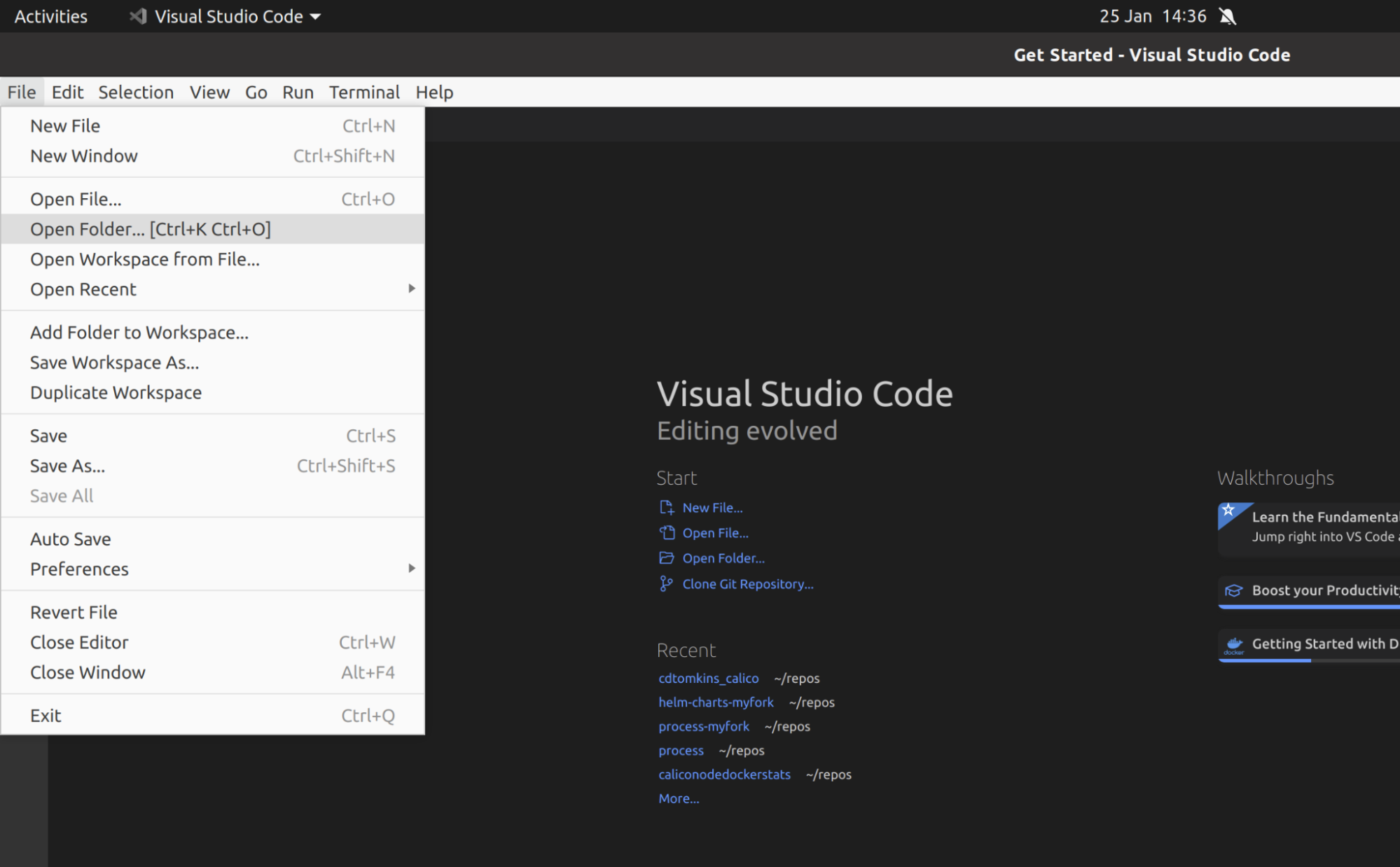 Screenshot of Visual Studio Code with the 'File' menu open, highlighting 'Open Folder...' to start a new project