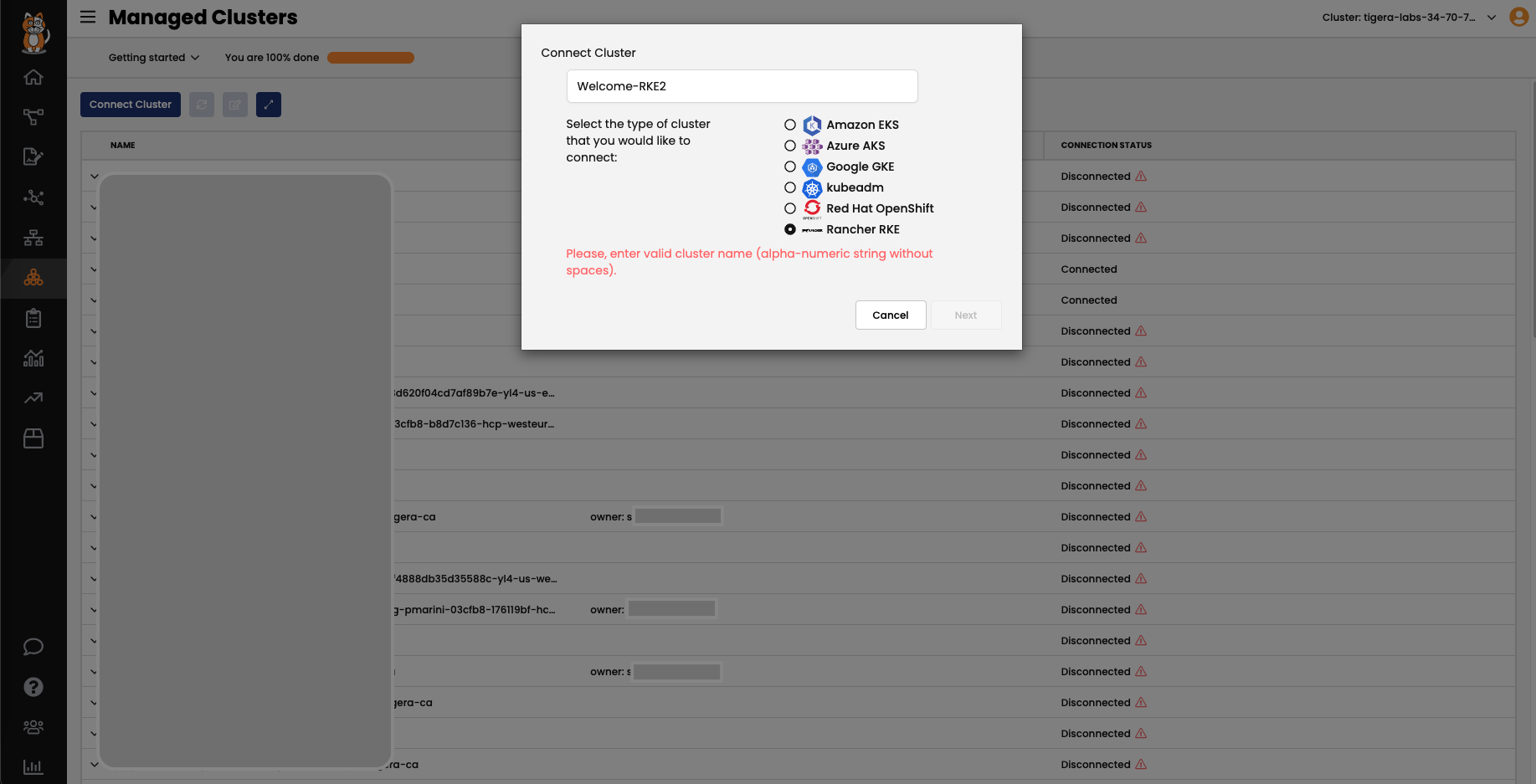 Screenshot of 'Connect Cluster' dialog in RKE2, showing Rancher RKE as a connection option. Calico Enterprise can be