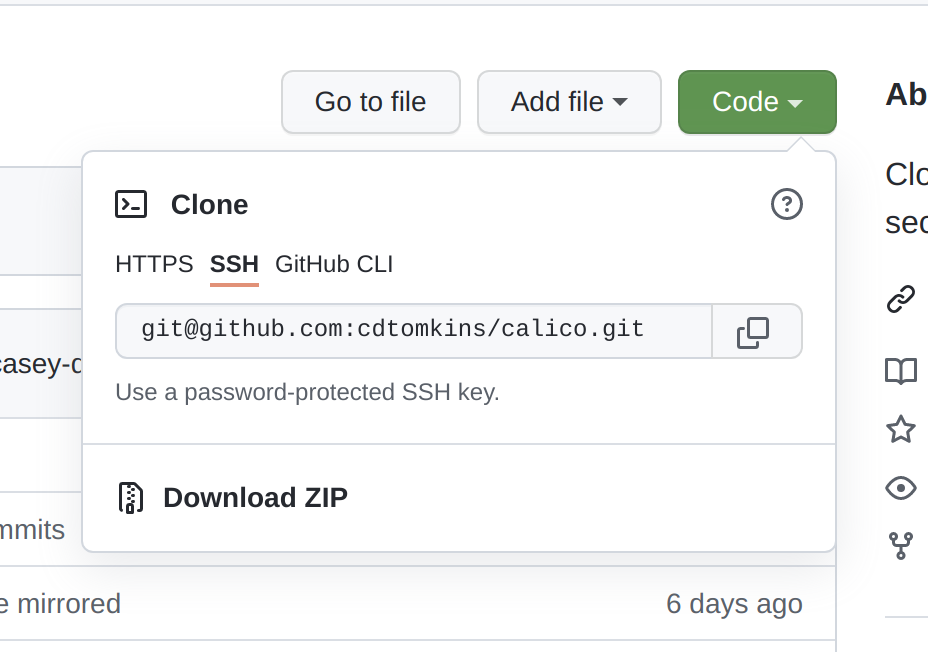 GitHub's 'Clone' dialog box, with the 'SSH' tab selected, showing an example SSH path for a forked repository