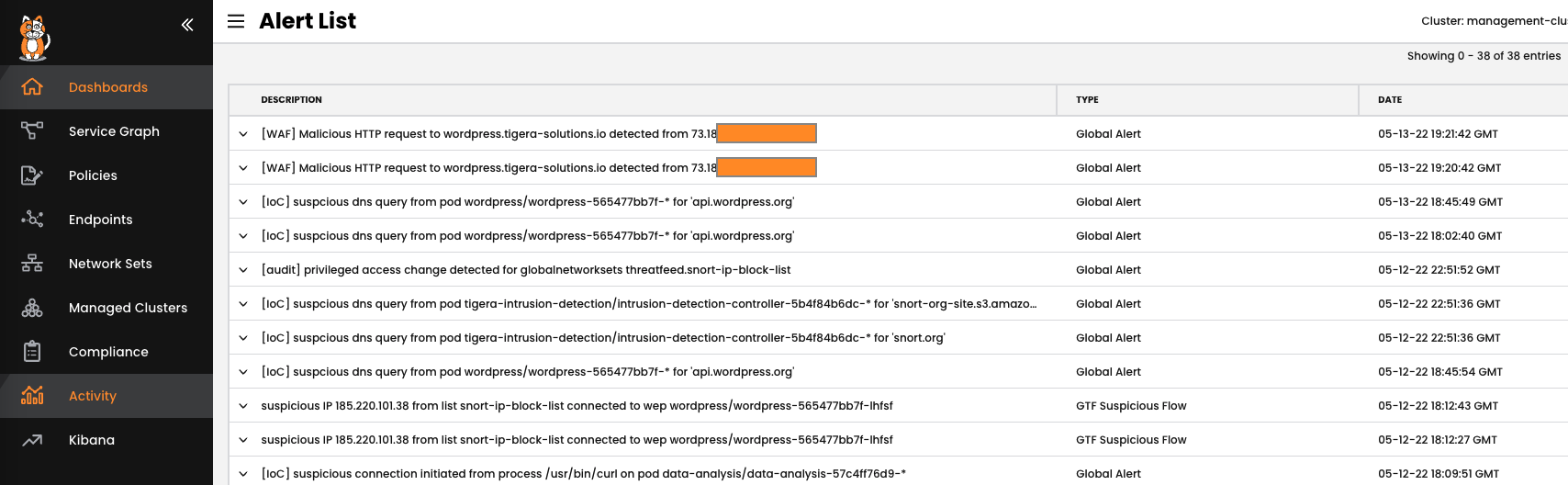 Calico Enterprise 'Alert List' showing WAF alerts, demonstrating in-depth web application protection