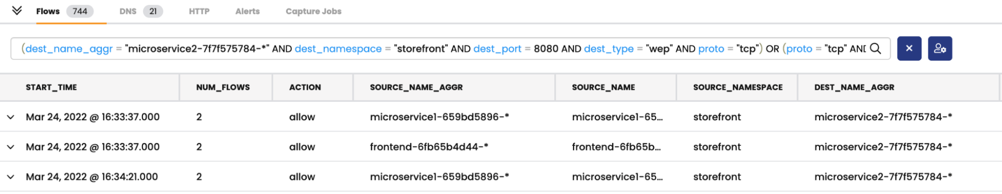 Table showing detailed network flow data: timestamps, namespaces, services, ports, and flow counts