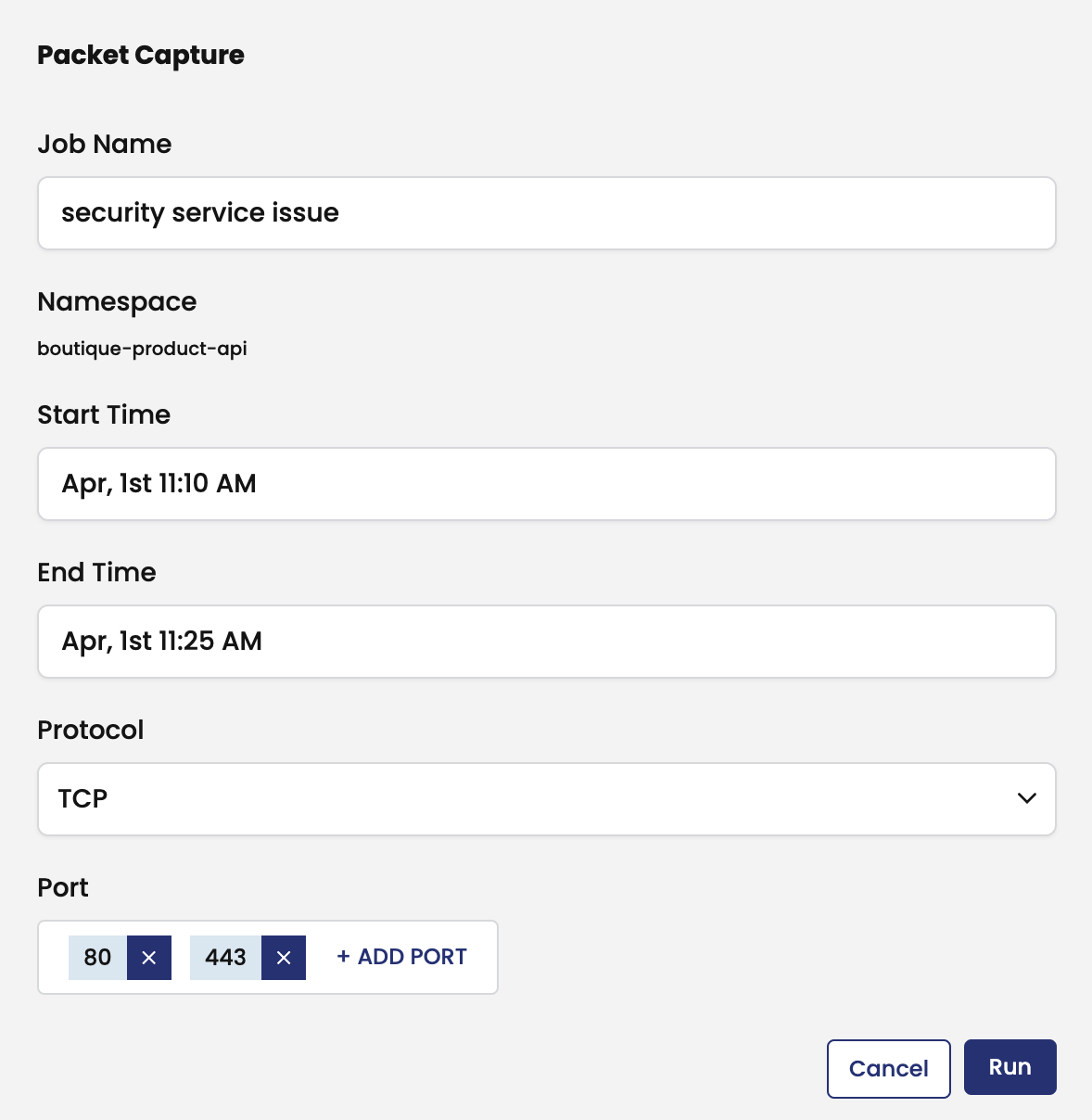 Screenshot of Dynamic Packet Capture configuration form, showing fields for job name, namespace, time range, protocol, and