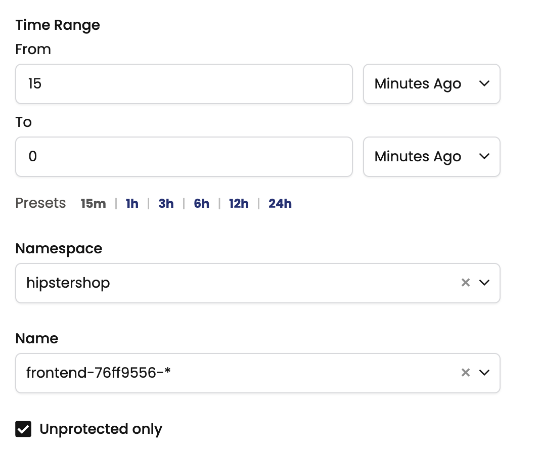 Screenshot of time range and namespace filter options
