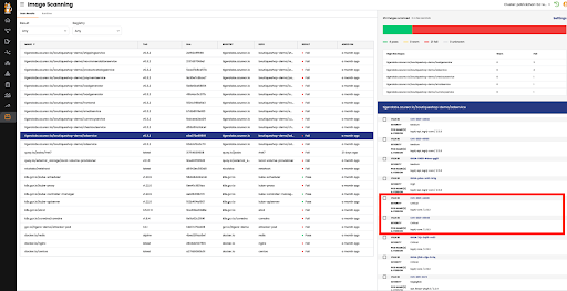 Calico Cloud's image scanner detects Log4j with version, container image, and vulnerability ID. A red box highlights Log4j