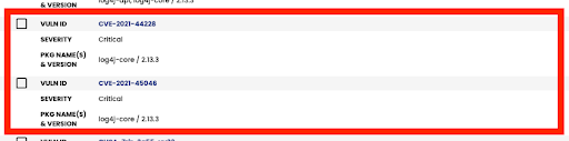 Calico Cloud's image scanner detecting Log4j package vulnerabilities, showing the vulnerability ID, severity, and package