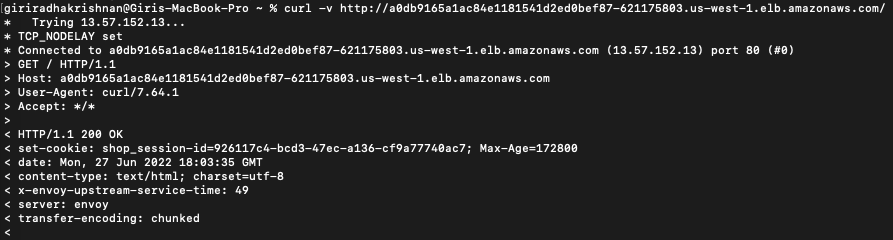 Curl command showing a successful (200 OK) HTTP request to an e-commerce site, illustrating a baseline before SQL injection