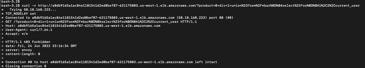 Screenshot of a terminal showing a blocked SQL injection attempt; Calico's response is a 403 Forbidden error