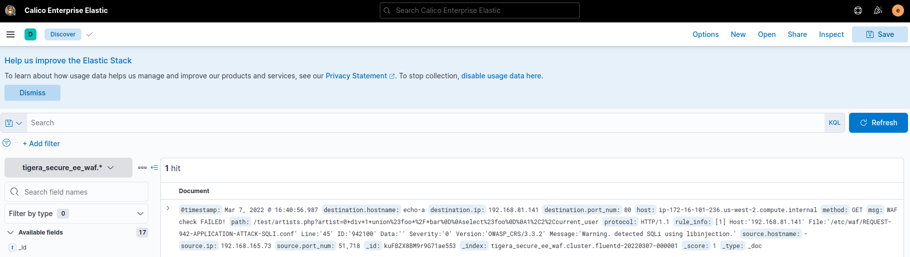 Kibana screenshot showing WAF assessment data retrieved from a request, including details like timestamp, IP addresses, and