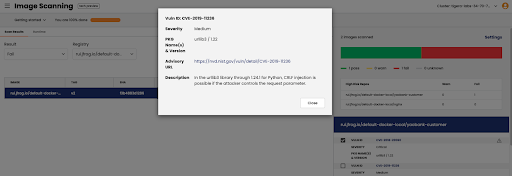 Calico Cloud's Image Assurance UI showing detailed scan results, including CVE IDs, risk levels, and versions for