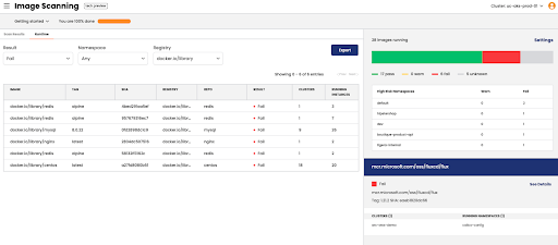 Calico's runtime view of workloads and clusters with vulnerable images. Image scanning results shown