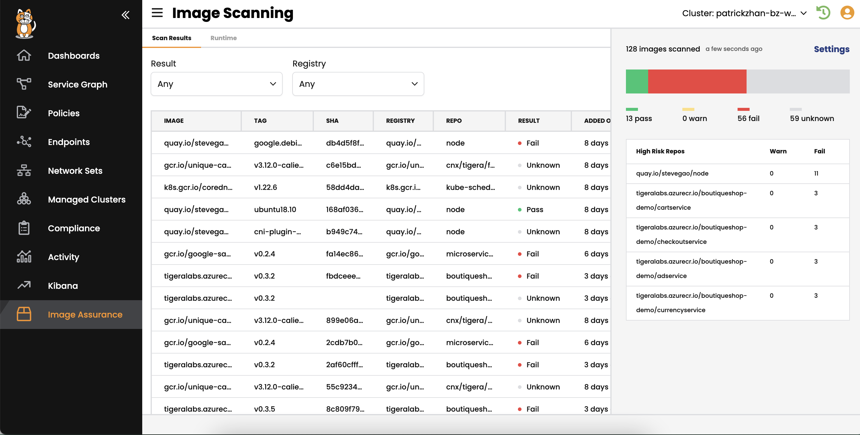 Screenshot of image scanning results showing pass, warn, and fail statuses for images, supporting automated vulnerability