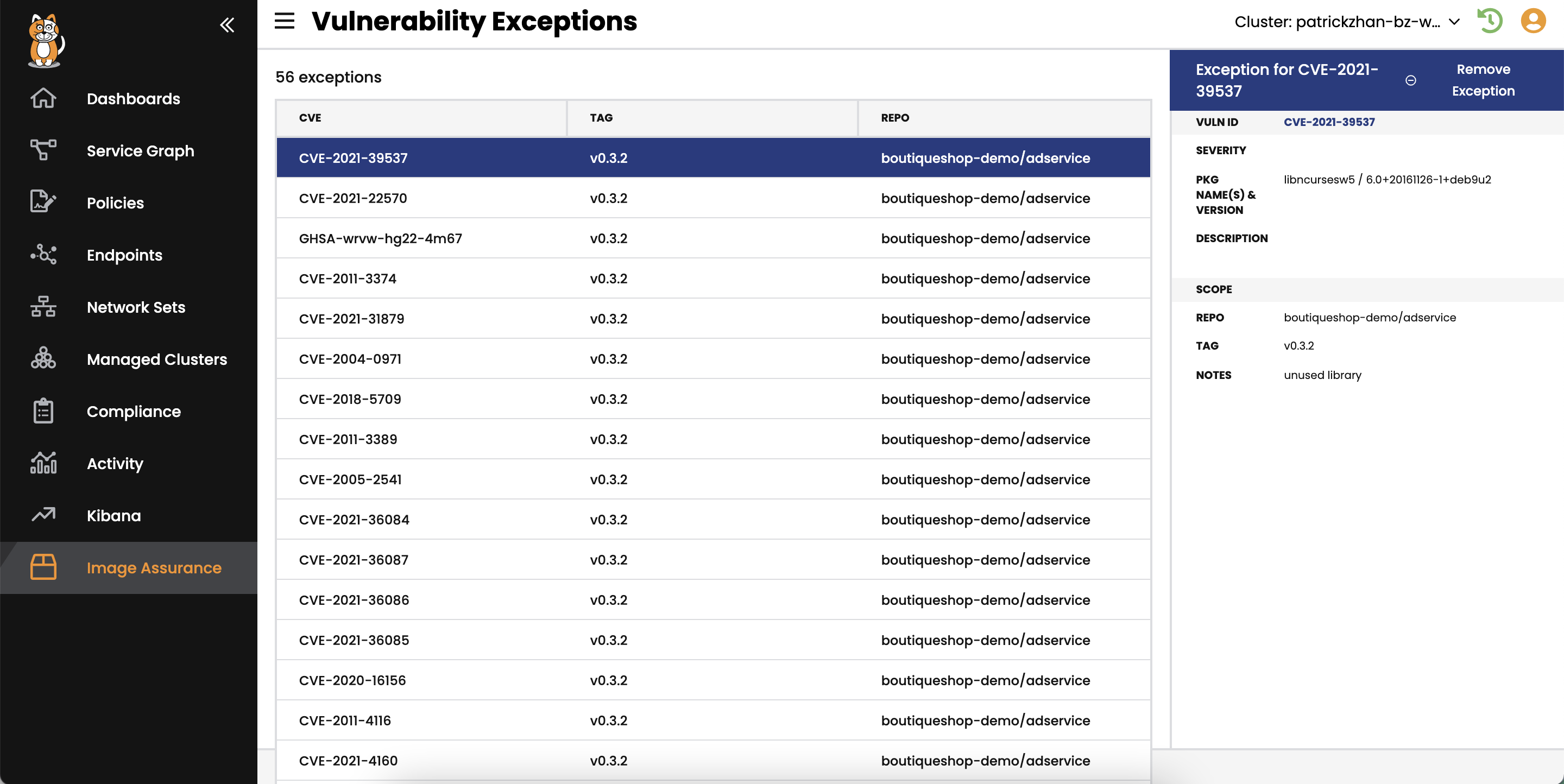 Screenshot of vulnerability exceptions for container images, showing CVEs, tags, and repositories with an option to remove
